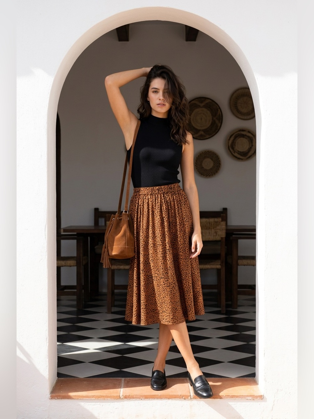 Women's Brown Animal-Print Midi Skirt with Elastic Waist
